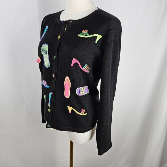 Talbots Petites Small Black Cardigan Beaded Embroidered Sandal Beach Vintage - Picture 2 of 14